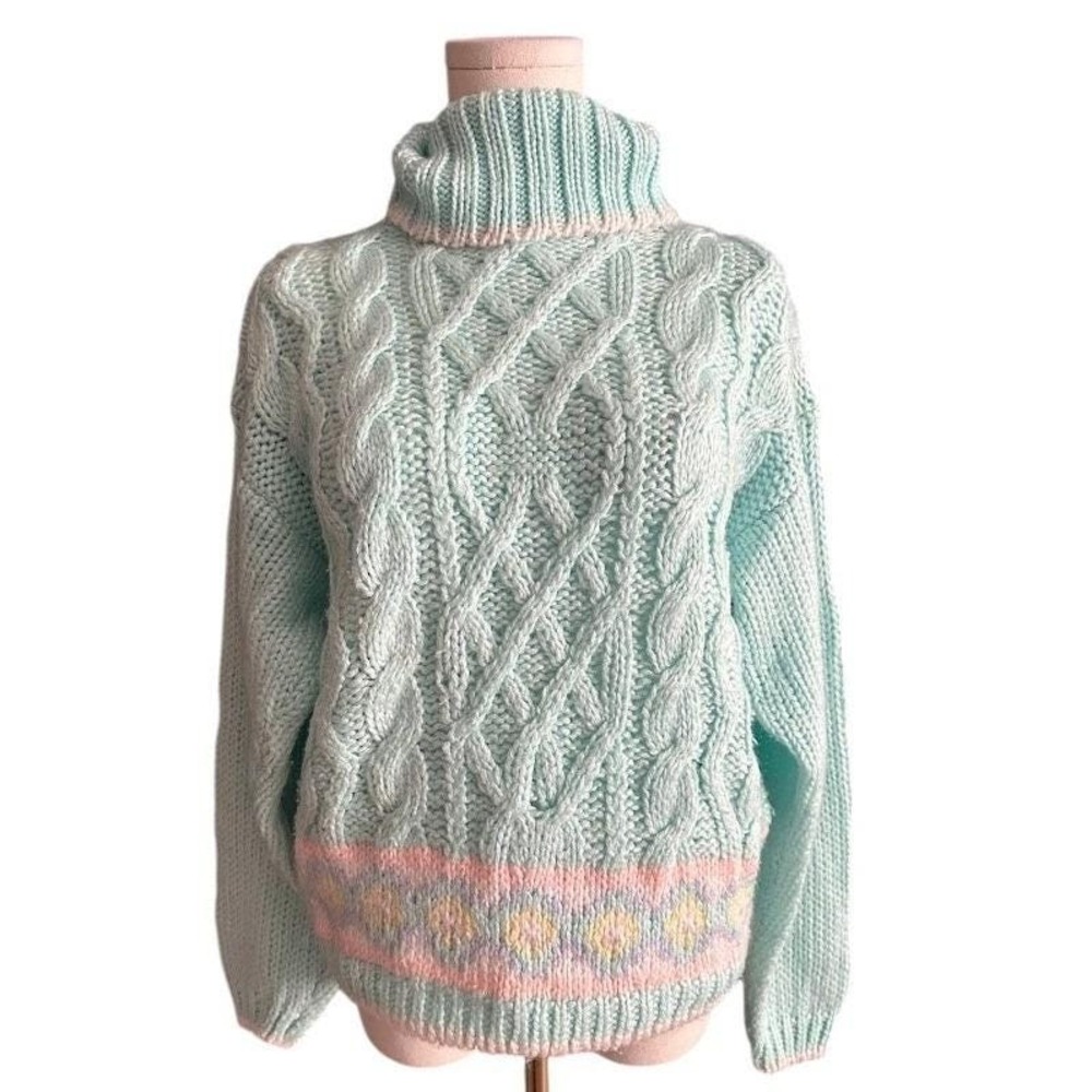 Memphis Jones Vintage Mint Green Cable Knit Turtleneck Sweater Womens Medium